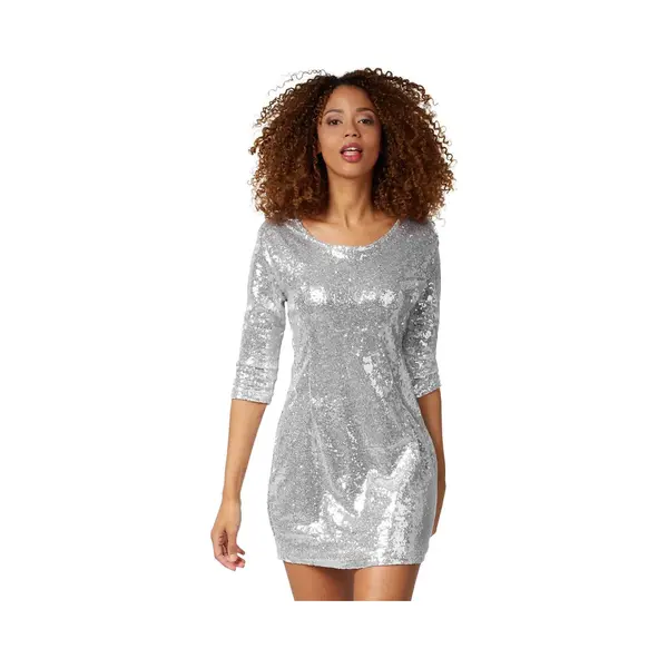 DressForFun - Langärmeliges Paillettenkleid - Größe Xxl - Silbernes Polyester - Glänzend & Elastisch - Schließendes Minikleid - Partykleid Für thumbnail