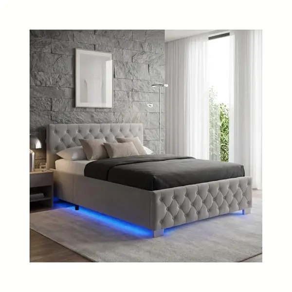 Tectake Polsterbett Komfortbett Mit Led-Leisten & Stauraum - Samtoptik Mit Steppmuster (Bettset, In Dunkelgrau), Stabiler Stahlrahmen, Belastbarkeit thumbnail