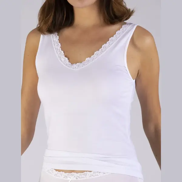 Nina von C Dames Hemd Kant - Modal - Luxe Onderhemd Met Brede Bandjes - 48 - Wit thumbnail