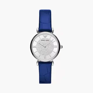 Emporio Armani Gianni T-Bar AR11344 Women's Watch – 32mm Silver Dial Navy Blue Leather Strap