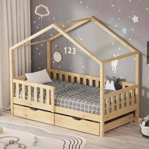 Ml Design modern living Ml-Design Kinderbed, 80 X 160 Cm, Natuurlijk, Van Massief Hout, Met 2 Laden, Valbescherming, Dak En Lattenbodem, Huisstijl, Slaaphuis, thumbnail