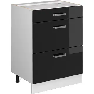 Küchenunterschrank R-line, Schwarz Hochglanz, 60 Cm Mit Schubladen, Ohne Arbeitsplatte Vicco