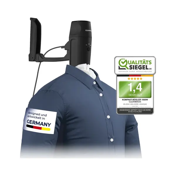 CLEANmaxx Pro Kompakt Strijkijzer Voor Overhemden - Eenvoudig Op Te Hangen Aan De Deur & Automatisch Strijken - Zwart/zilver thumbnail