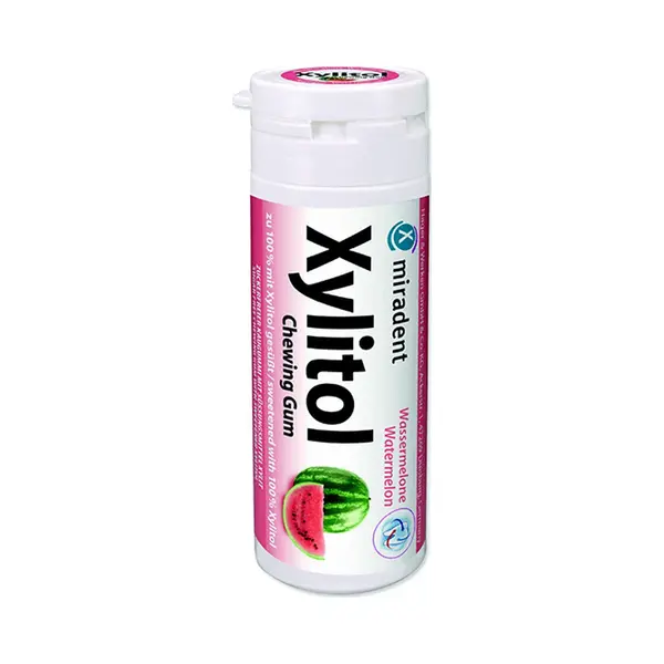 Miradent Xylitol Zahnpflegekaugummi Wassermelone Dose 30 Stück (1 X 30 G) | Fruchtiger Geschmack | Zuckerfrei | Vegan | Kariespräventiv| Für thumbnail