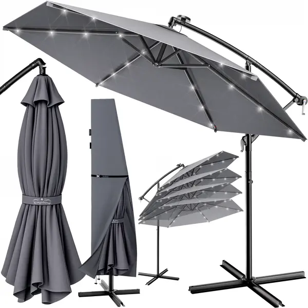 Kingsleeve® Parasol 3m/3.5m Aluminium Cantilever Garden Parasol With Led Solar Lights, Cover, Uv Spf 80+ 300cm Sun Umbrella For Garden Tiltable, thumbnail