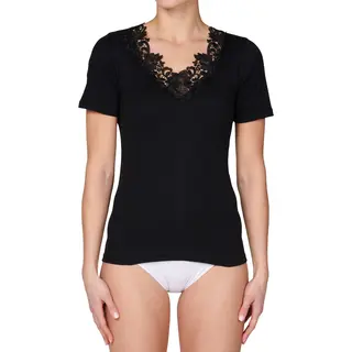 Toker Dames Hemd Kant, Korte Mouw 206/1 - 100% Katoenen Ondershirt Met Kant - T-shirt - 46 - Zwart