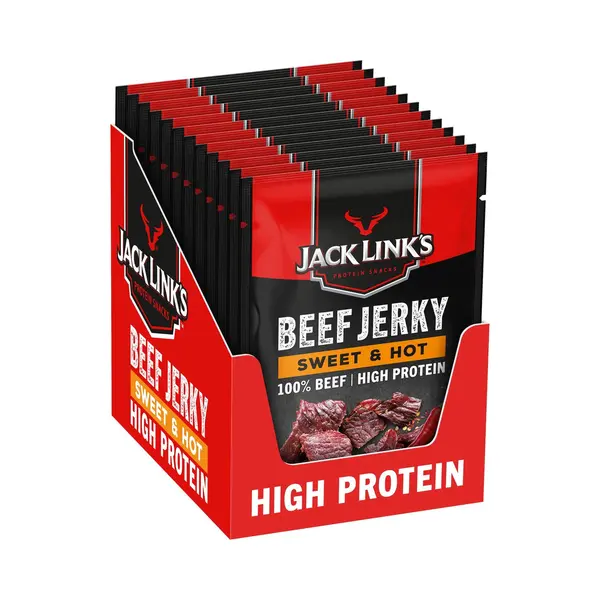 Jack Link's Beef Jerky, Sweet & Hot Flavour, Multipack Of 12 X 25g Bags, High Protein Meat Snack, Sweet Seasoning And Hot Spices thumbnail