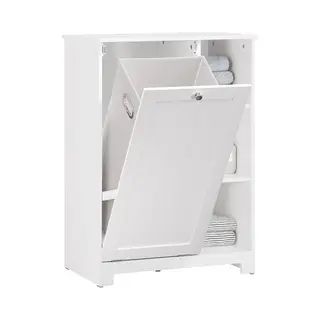SoBuy Waskast Met Waszak, Badkamerkast, Kolomkast Met 3 Planken En 1 Wasmand, Wit, 60x37x86 Cm, BZR105-W