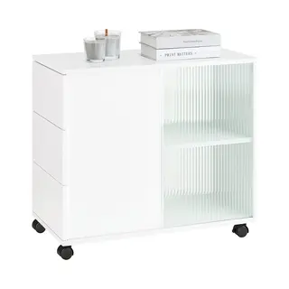 SoBuy FBT141-W Bankpunt, Roltafel, Salontafel, Koffietafel Met 3 Laden, Voor Woonkamer, Kantoor, Slaapkamer, Hout En Glas
