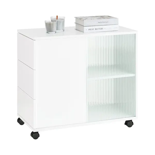 SoBuy FBT141-W Bankpunt, Roltafel, Salontafel, Koffietafel Met 3 Laden, Voor Woonkamer, Kantoor, Slaapkamer, Hout En Glas thumbnail