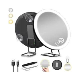 Cyslmuk 6" 30x Vergrotende Spiegel Met Lichtzuignap, Led Close-up Spiegel Voor Het Controleren Van Poriën Met 360° Standaard, 3 Kleuren Verlichte