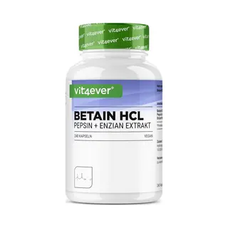 Vit4ever Betain Hcl - 240 Kapseln Mit 695 Mg - Premium, Mit Pepsin & Bitterstoffe Aus Enzian - Vollspektrum Enzym Kapseln - Hochdosiert - Laborgeprüft