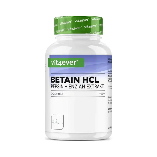 Vit4ever Betain Hcl - 240 Kapseln Mit 695 Mg - Premium, Mit Pepsin & Bitterstoffe Aus Enzian - Vollspektrum Enzym Kapseln - Hochdosiert - Laborgeprüft thumbnail