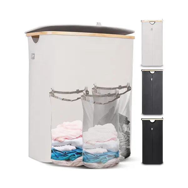 Hennez Wasmand Opbergmand 150L 3 Compartimenten Met Deksel - Waszak Wasbaar - Rechthoekige Bamboe Wasmand Met Frame thumbnail