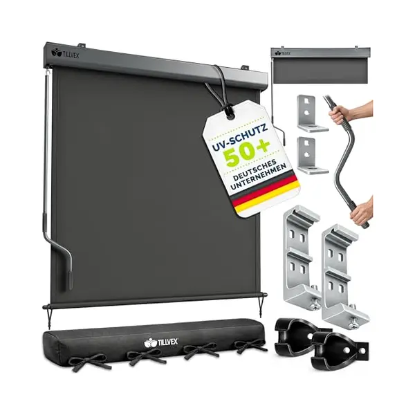 Tillvex® Verticale Zonwering, 200 X 250 Cm, Voor Buiten En Binnen, Buitenrolgordijn, Waterdicht, Met Handslinger, Voor Balkon, Terras En Tuin, thumbnail