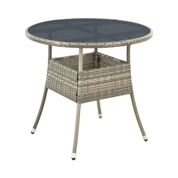 Polyrattan Gartentisch Yoro Wetterfest - Balkontisch Ø 80 Cm Rund - Rattan Beistelltisch Mit Glasplatte - Kleiner Tisch Für Balkon - Grau - Juskys thumbnail