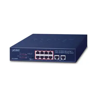 Planet 8-Port 10/100TX 802.3at PoE+ 2-Port Desktop Switch 120W - Switch - Kupferdraht Unmanaged Fast Ethernet (10/100) Power over Ethernet (PoE) 1U Blau