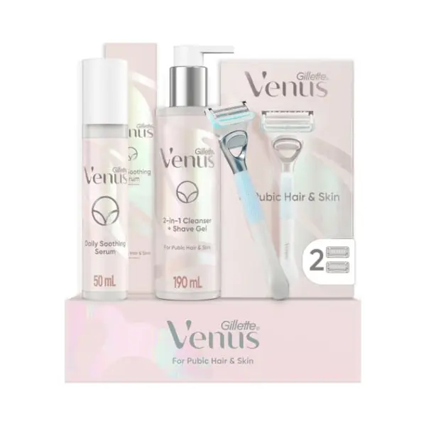 Gillette Venus Shaving Set For Pubic Hair And Skin, 1 Venus Handle, 2 Razor Blades, 2 In 1 Cleanser And Shaving Gel For Women, 190 Ml, Soothing Serum thumbnail