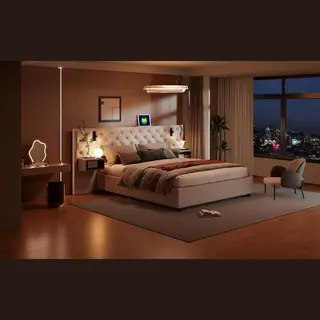 Shopentra 140x200cm Hydraulisch Tweepersoonsbed Met Led-Hoofdbord, 2 Bedside Laden En Opbergruimte Onder Het Bed, Luxe Fluwelen Stoffering，Beige
