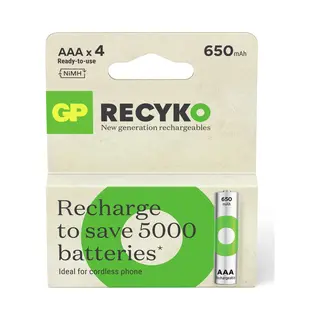 Gp ReCyko Rechargeable Aaa Batterijen - Oplaadbare Batterijen Aaa 650mAh - 4 Stuks Aaa Oplaadbare Batterijen Ideaal Voor Draadloze Telefoons En