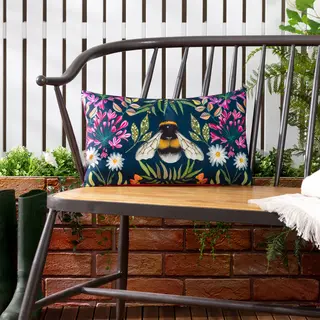 Wylder Nature House Of Bloom Zinnia Bee Rectangular Water & Uv Resistant Outdoor Cushion In Navy