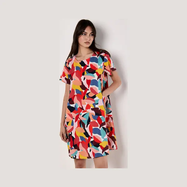Apricot Mini-jurk Met Bladmotief In Kleurblokken thumbnail