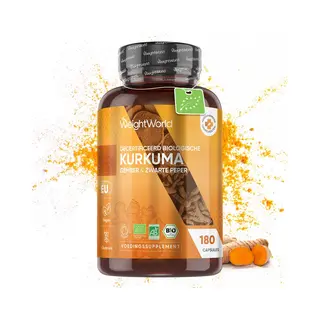 WeightWorld Bio Kurkuma Kapseln - 180 Curcuma Kapseln - Kurkuma Pulver Mit Schwarzer Pfeffer, Ingwer Pulver - Bio Zertifiziert - Alternative Zu Curcuma Extraxt -