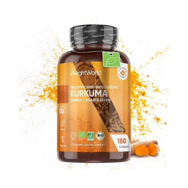 WeightWorld Bio Kurkuma Kapseln - 180 Curcuma Kapseln - Kurkuma Pulver Mit Schwarzer Pfeffer, Ingwer Pulver - Bio Zertifiziert - Alternative Zu Curcuma Extraxt - thumbnail