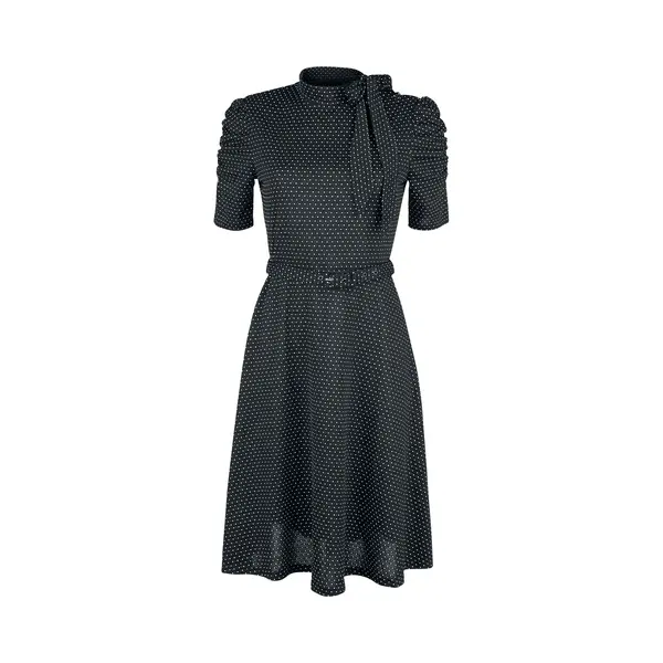 Voodoo Vixen Posie Black Polka Dot Tie-neck Dress Midi Dress Black thumbnail