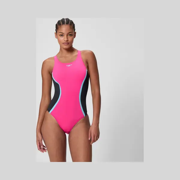 Speedo Damen Medalist Badeanzug Mit Passe Pink/Schwarz thumbnail