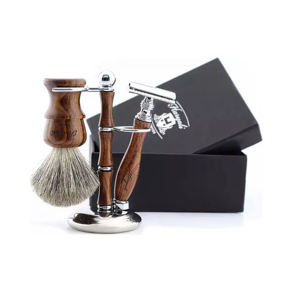 Haryali London Scheerset Voor Mannen-De-veiligheidsscheermes, Scheerkwast En Scheerstandaard, 3-delige Houten Scheerset Voor Mannen Scheren Thuis En In De Salon thumbnail