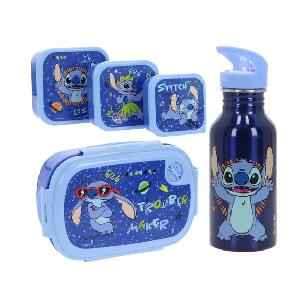 Lilo and Stitch Stitch Lunchset Für Kinder – 5-teilig Mit Brotdose, 3 Snackboxen & Trinkflasche – Blaues Set Für Jungen & Mädchen – Ideal Für Schule, thumbnail