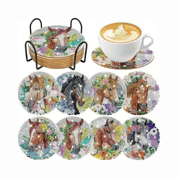 Vdtoys® Diamond Painting Voor Volwassenen - Horse Head - Onderzetters - Coasters - Onderleggers - Ronde Steentjes - 8 Stuks - Compleet Hobbypakket - thumbnail