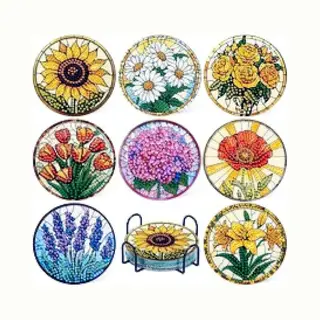 Vdtoys® Diamond Painting Voor Volwassenen - Bloemen - Onderzetters - Coasters - Onderleggers - Ronde Steentjes - 8 Stuks - Compleet Hobbypakket - Set