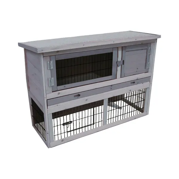 Konijnenhok Met Ren – Compact Konijnenhok Voor Buiten Met 2 Verdiepingen En Nachthok – 111x45x78 Cm – Flamingo Konijnenhok Loft Cottage Grijs thumbnail