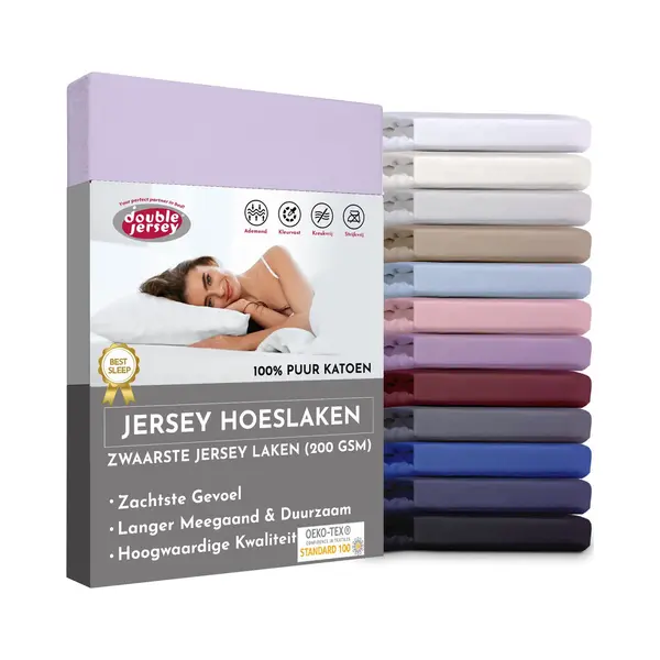 Double Jersey Hoeslaken - Hoeslaken 200x200+30 Cm - 100% Katoen Lavender thumbnail