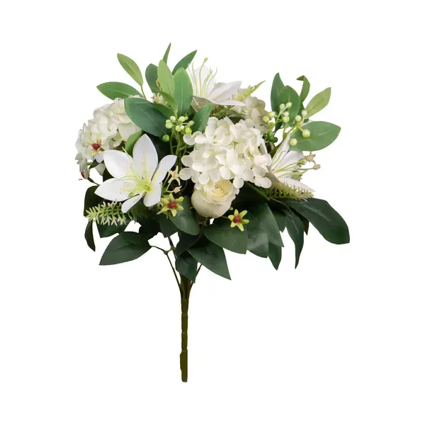 Louis Maes Kunstbloemen Boeket Roos/hortensia/lelie - Creme/wit - H39 Cm - Bloemstuk - Bladgroen thumbnail