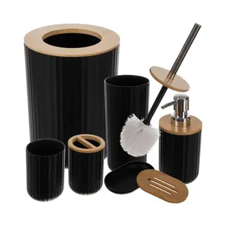 Mt Malatec 24635 6 Stuks Badkameraccessoires Met Zeepdispenser Van Bamboe, Beker, Tandenborstelhouder, Zeepbakje, Badkamerprullenbak, Toiletborstel (zwart)