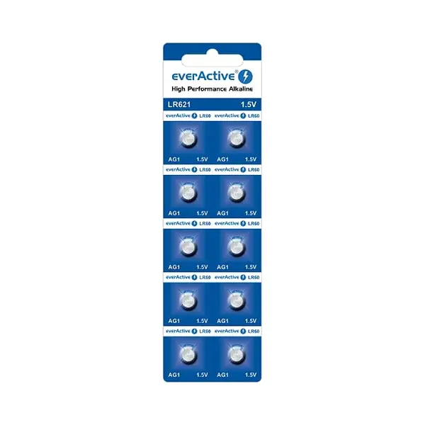 EverActive AG1 / G1 / LR621 / LR60 Button Cell Batteries 1.5 V Alkaline Mini Battery Long Shelf Life Pack Of 10 - Blister Card thumbnail