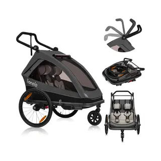 Lionelo Cama 2in1 - Fietsaanhanger En Wandelwagen Voor 2 Persoons - Zwart - All-Terrain Fietskar - Hardloopkinderwagen - Verstelbare Vering -