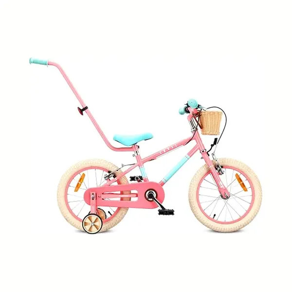 Sun Baby Vélo Enfant 16 Pouces Lovel, Fille 4-6 Ans, Max 50 Kg - Roues Latérales, Panier, Sonnette, Cache-chaîne, Poignée - Rose-Menthe thumbnail