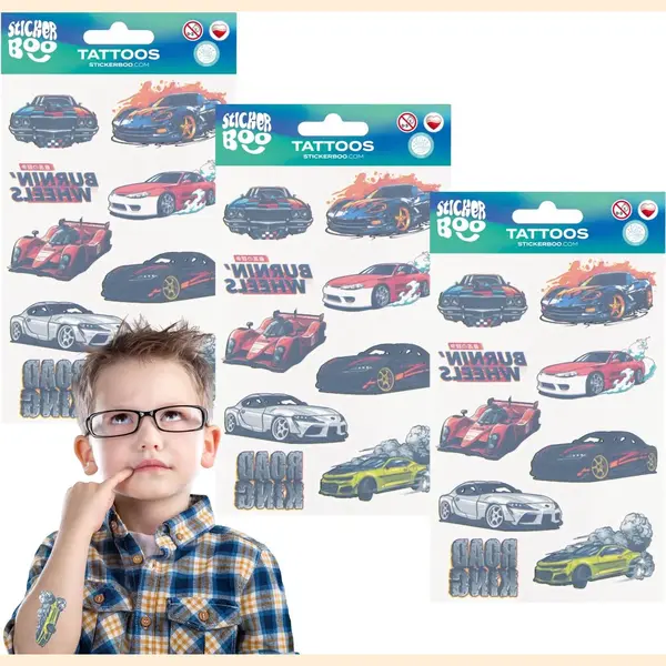 StickerBoo Auto's Kindertattoo Set, Afwasbare Kindertattoos thumbnail