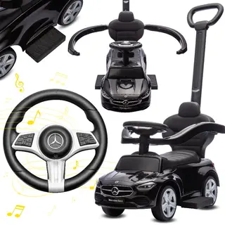 Sun Baby Mercedes C-Class Kindervoertuig 4in1, Loopauto Met Claxon, Opbergruimte, Voetsteun, Duwstang, Tot 2 Jaar, Max 27 Kg, Baby Ride On (Zwart)