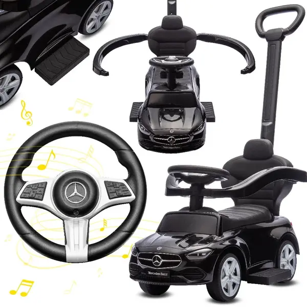 Sun Baby Mercedes C-Class Kindervoertuig 4in1, Loopauto Met Claxon, Opbergruimte, Voetsteun, Duwstang, Tot 2 Jaar, Max 27 Kg, Baby Ride On (Zwart) thumbnail