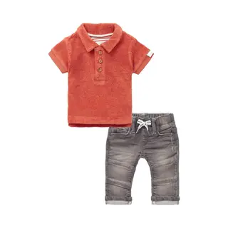Noppies - Kledingset - 2delig - Jeans Grijs - Polo Shirt Bruin Rood - Maat 92