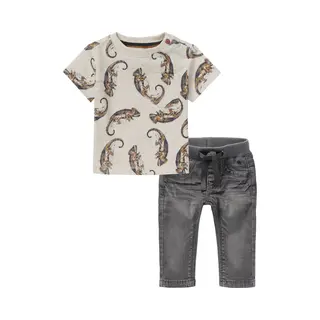 Noppies - Kledingset - 2delig - Jeans Grey Denim - Shirt Oatmeal Met Print - Maat 74