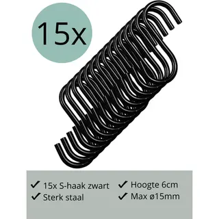Leathergoodz - 15x S-haakjes Zwart - 6cm/klein - ø15mm - S-haakjes - Ophanghaken - Handdoekhaakje - S-haken
