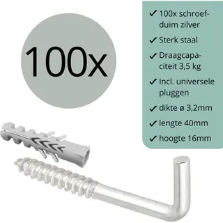leathergoodz Schroefduimen Zilver - 100 Stuks - 40mm X 16mm X ø3, 2mm (schroef Haak - Schroef Duim - Ophang Haak - Wand Haak)