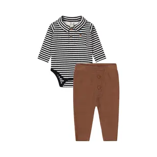 Dirkje - Basic Collection - Bio Cotton - Broekje Bruin Wafeltjes Met Knopen - Romper Shirt Gestreept - Maat 50