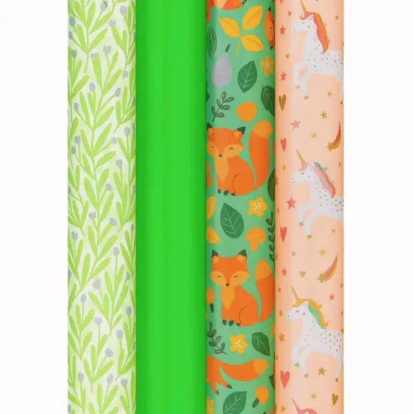 Cadeaupapier - WoodsyMagic - (4 Stuks) – 200×70 Cm – Thema, Bosdieren, Bladeren, Eenhoorns & Effen Groen - Inpakpapier - Kinderfeest - thumbnail